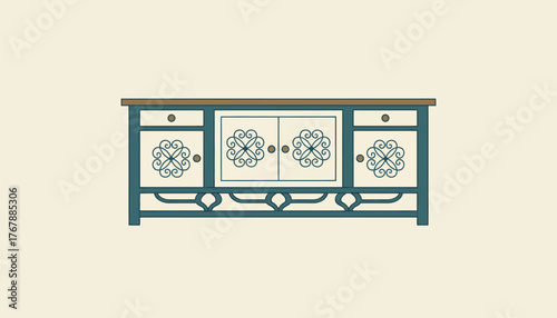 A vintageinspired sideboard featuring intricate woodwork and brass hardware providing both storage and visual interest to the dining area.