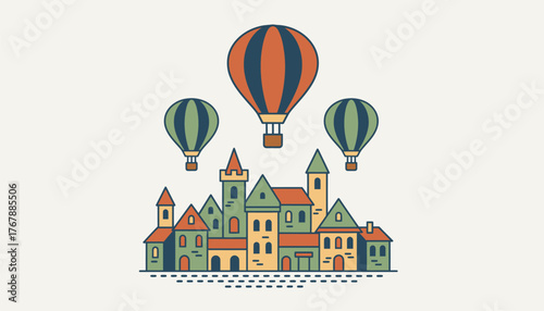 A tranquil scene of hot air balloons launching within a historic town with medieval architecture and cobblestone streets beneath.