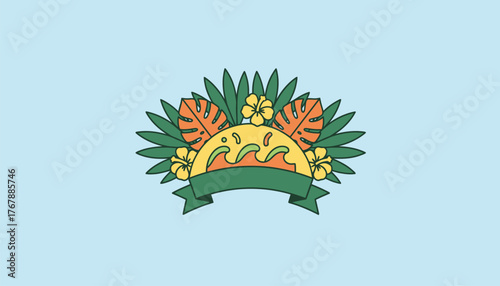 A vibrant entryway adorned with tropical foliage and a welcoming sign setting the stage for a festive summer celebration.