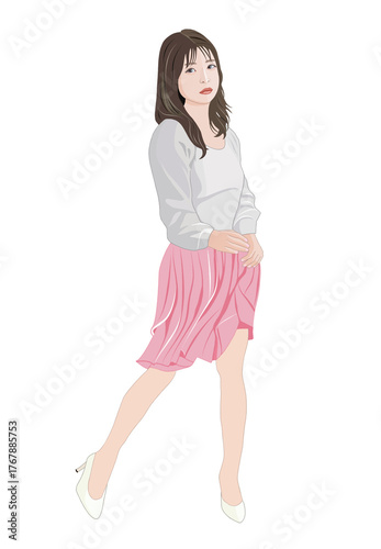 若い女性立ち姿ポーズをとるイラスト