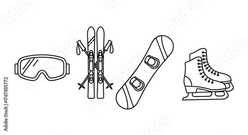 Winter sports equipment icons including ski goggles, skis, snowboard, and ice skates in a minimalist style
