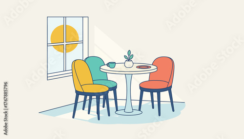 A sunny breakfast nook with a small round table and vibrant upholstered chairs creating an inviting space for morning meals.