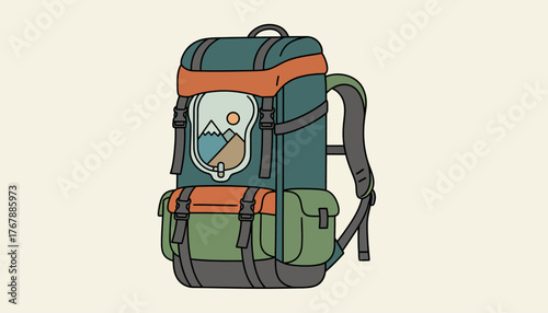 A rugged backpack equipped with multiple pockets adjustable ss and hydration reservoir featuring a landscape view in the background.