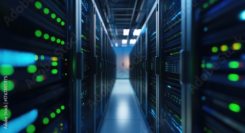 Modern IT data center with glowing blue green server racks and illuminated corridor, suitable for cloud computing concepts, digital infrastructure backgrounds, and technology presentations
