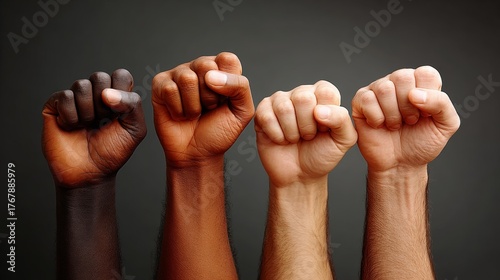Diverse hands raised in solidarity, showcasing various skin tones and clenched fists against a dark background, symbolizing unity, strength, and empowerment in social movements and collective action