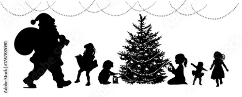Silhouette of children decorating a Christmas tree. Hand drawn. Not AI, vector illustration.