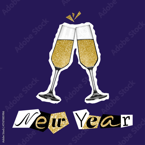 Shiny golden champagne glasses on a dark background. halftone collage. Perfect for New Year party ads, digital greetings, and festive branding.
