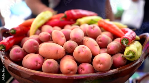 Freshly harvested potatoes and colorful peppers in a vibrant market scene