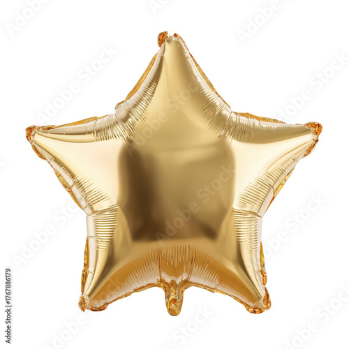 A shiny gold star shaped foil balloon for a party or special event isolated on a solid , isolated on transparent background, perfect cutout, PNG