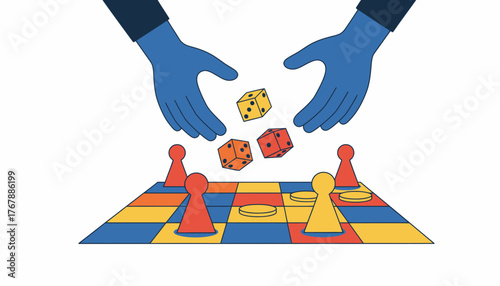 Closeup of a players hands rolling dice with vibrant game tokens poised on a grid a sense of anticipation radiating from the table.