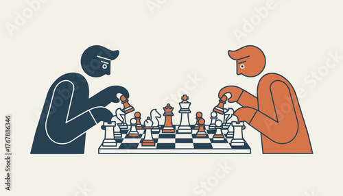 Two players engaged in a tense standoff staring each other down across a chessboard with pieces poised in the heat of an epic mind duel.