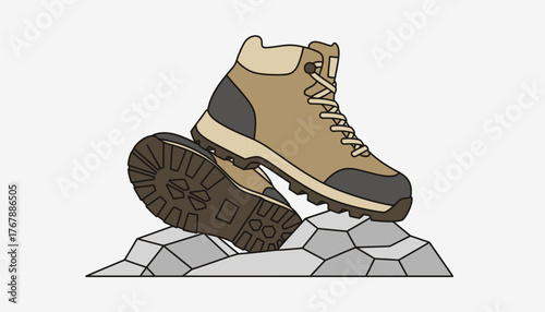 A sy pair of hiking boots with rugged soles positioned on a rocky trail exemplifying their grip and durability for rough terrain.