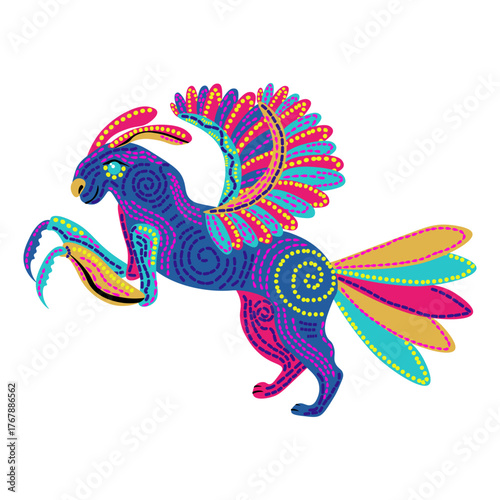 Alebrije, a fantasy creature inspired by Mexican folklore art, a magical dragon vector illustration