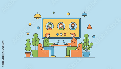 A video conference happening in a lively coworking space with bright colors and plants bringing energy to virtual collaboration.