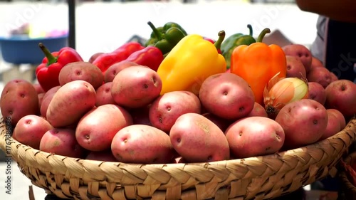 Freshly harvested potatoes and vibrant bell peppers in a market setting