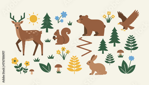 A vibrant nature mural showing various animals and plants commonly encountered on hiking trails.