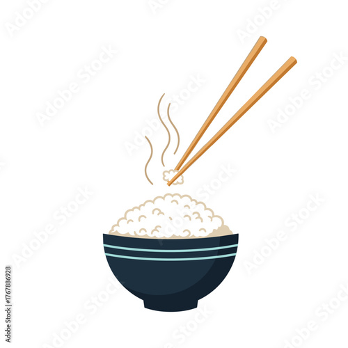 Chopsticks picking up a portion of steaming white rice from a dark bowl.