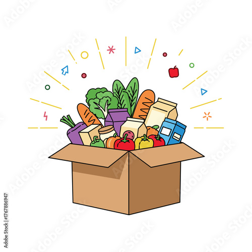 A cardboard box overflowing with colorful groceries and illustrated festive elements.