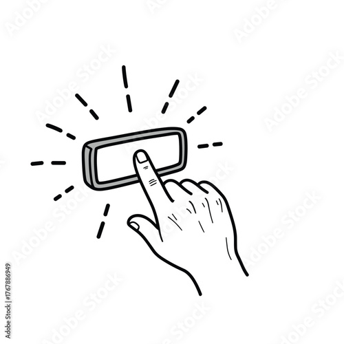 Hand pressing a glowing rectangular button with radiating lines indicating an action.