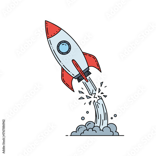 Cartoon rocket blasting off into space with smoke and flames from its engines.