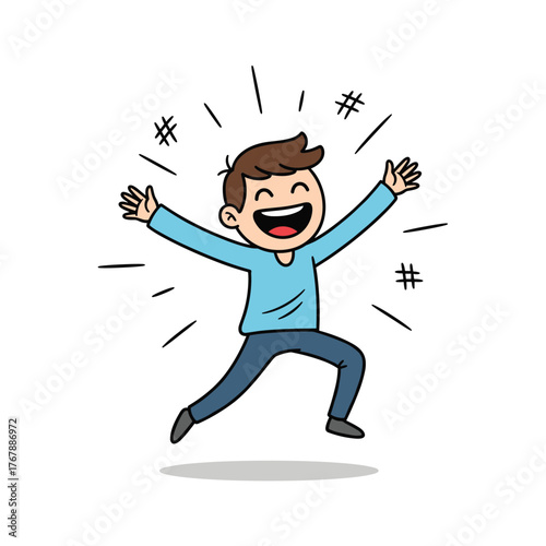 Cartoon boy jumping with excitement and open arms, surrounded by radiating lines and hashtags.