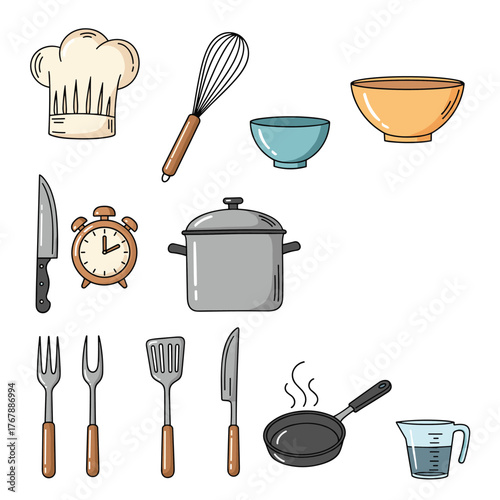 Collection of kitchen utensils and cookware for cooking and baking, displayed on a white background.