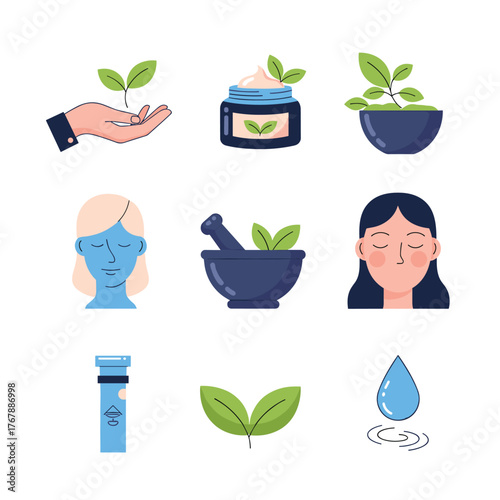 Collection of flat design icons related to natural skincare and herbal remedies for beauty and wellness.