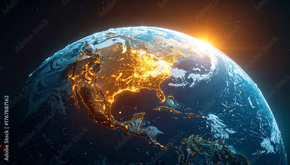 Obraz premium Illuminated Earth: A breathtaking view of the Earth from space, with the sun rising over the horizon, casting a warm glow and highlighting the intricate network of cities and landmasses. 