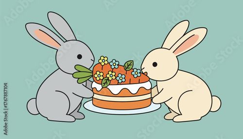 A whimsical scene of two rabbits sharing a carrotshaped cake adorned with edible flowers and mint leaves.