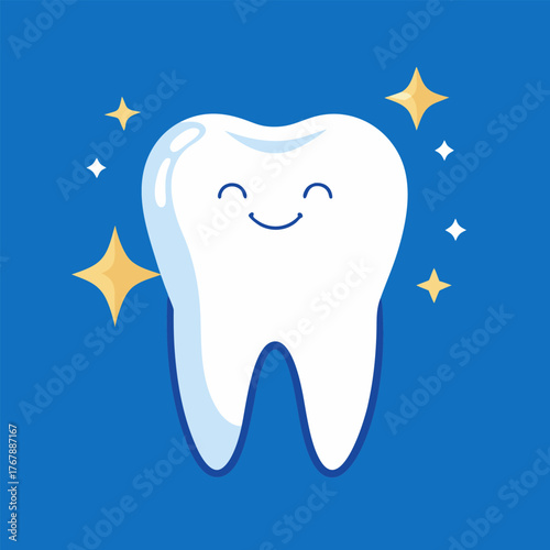 Oral hygiene mascot. Shining healthy tooth with sparkles. Flat vector illustration