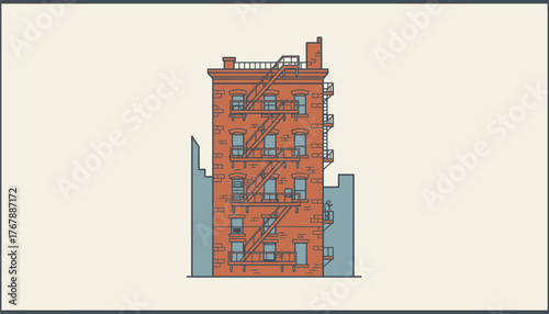 Rusty fire escapes climbing the side of a brick building creating a mazelike network above a quiet city street hinting at untold stories of urban life.