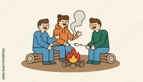 A team of friends sharing laughter and stories around a campfire with marshmallows roasting on sticks.