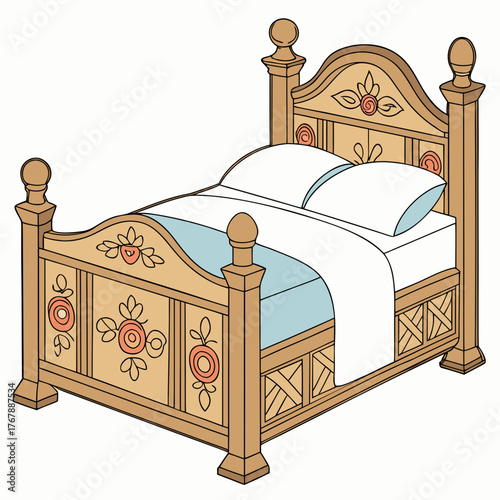 Wooden bed vector, bedroom furniture vector, cozy bed vector, headboard, footboard,