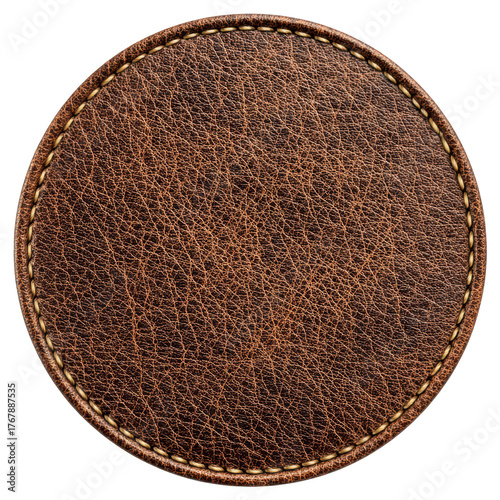 A round piece of textured brown leather with a finely stitched edge isolated on a plain , isolated on transparent background, perfect cutout, PNG