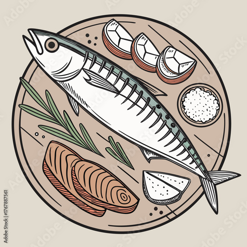 Fish illustration vector, seafood preparation vector, cutting board vector