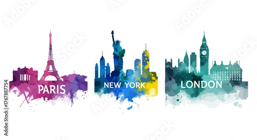 Set of three famous city skylines from Paris, New York, and London in a modern artistic watercolor style illustration