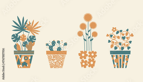 A series of painted flower pots on a sunny patio each showcasing different plant varieties and art styles.
