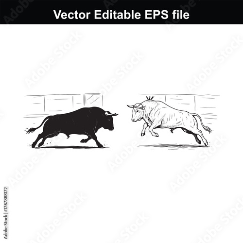 Two bulls facing each other in a bullfighting arena, one black silhouette and one white sketch