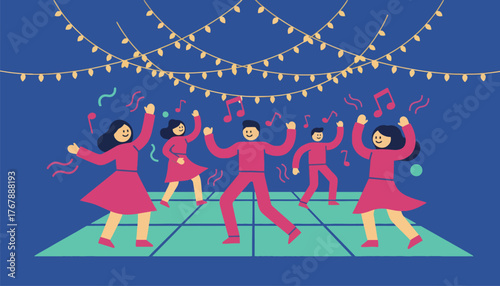 A vibrant dance floor under ling fairy lights where guests are swaying to lively music with carefree smiles.