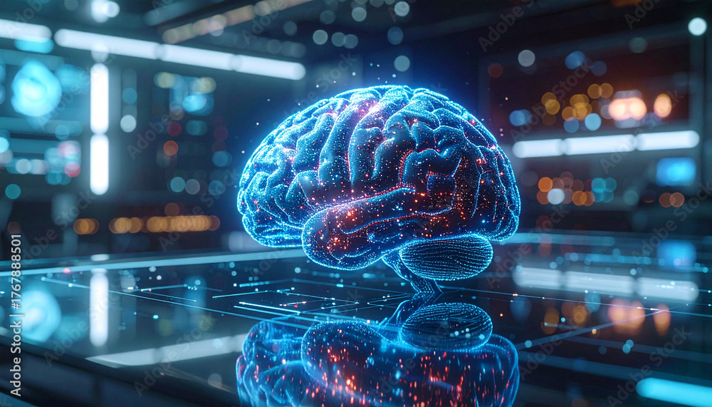 Obraz premium Illuminated Mind: A neon-lit rendering of a human brain sits atop a reflective surface, showcasing its intricate network with vibrant glowing accents, set against a futuristic technology backdrop.
