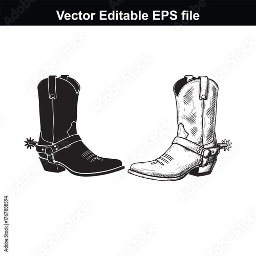 Pair of cowboy boots with spurs, one solid black silhouette and one line art