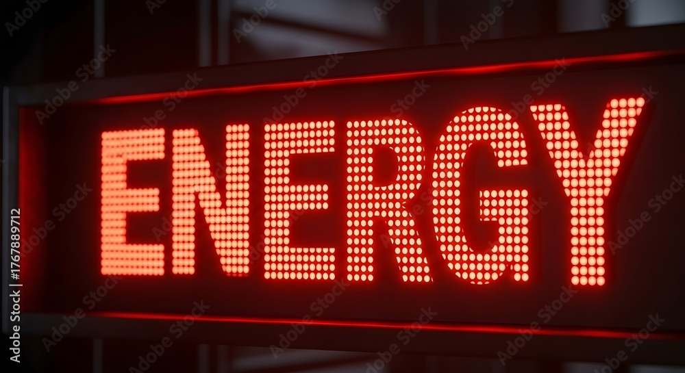 Fototapeta premium A glowing red led sign displaying the word energy in a dark setting in a close up shot