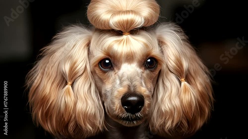 Elegant poodle with styled hair posing indoors, showcasing grooming skills