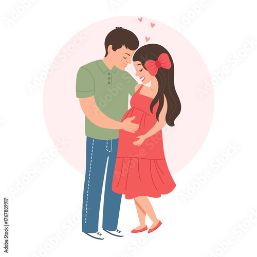 Young couple, husband and pregnant wife. Happy family concept. Illustration, poster.