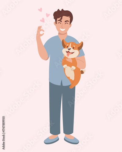 Happy man with a dog. Pet care concept. Illustration.