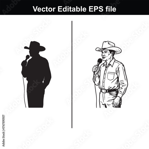 Silhouette and line art of a cowboy holding a microphone