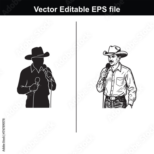 Silhouette and detailed drawing of a cowboy with mustache speaking into a microphone
