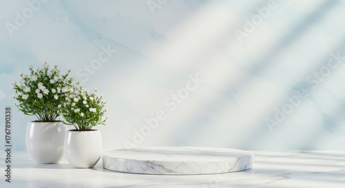 Elegant product display with marble pedestal and floral accent design
