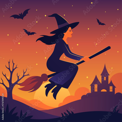 halloween witch flying on broom