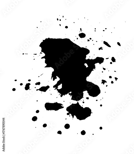 Splatter Paint Texture . Black Spray Blot of Ink. Place illustration Over any Object to Create Grungy Effect . hand drawn. Not AI, Vector.
